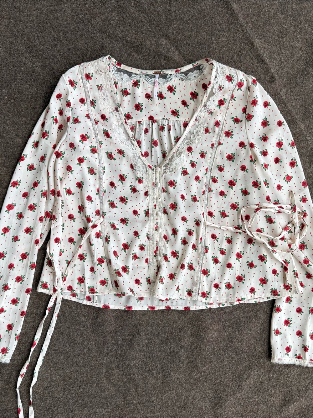 Free People White Blouse with Red Rose Print